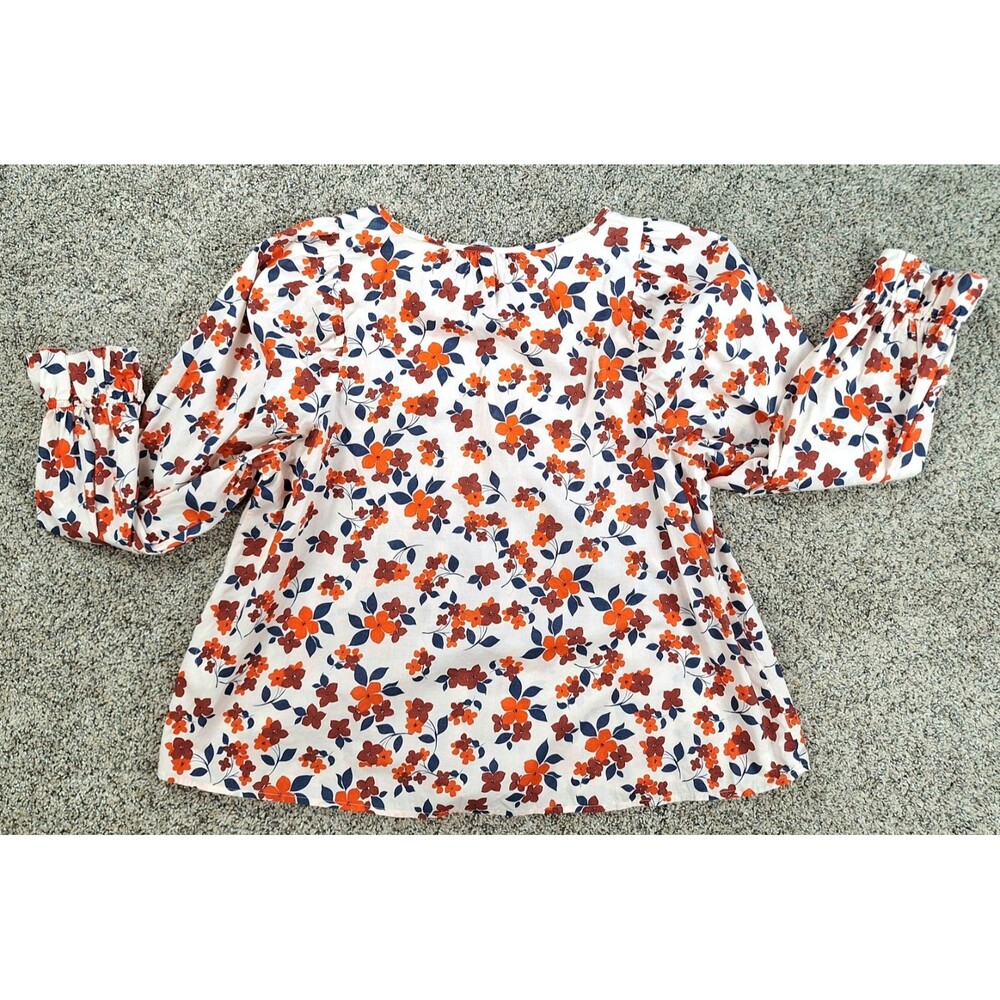 Elizabeth and James Floral Pintuck Cotton Blouse Orange Navy Cream Small - Picture 3 of 8